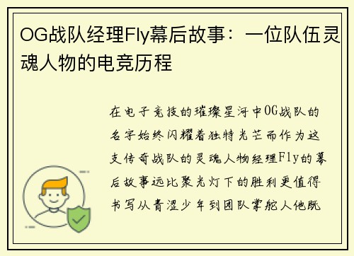 OG战队经理Fly幕后故事：一位队伍灵魂人物的电竞历程